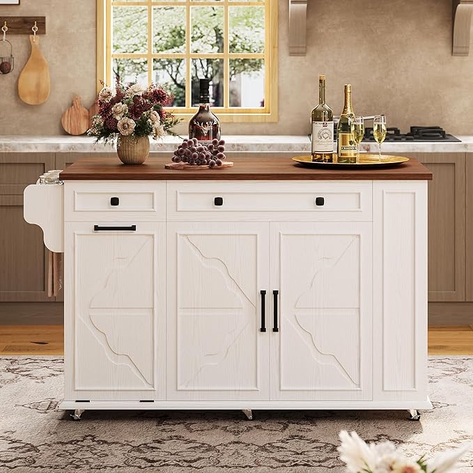IRONCK Kitchen Island with Storage, Rolling Island Table on Wheels with Drop Leaf, Charging Station and Trash Can Storage, Portable Islands Table with Open Spice Rack and Drawer for Living Room, White