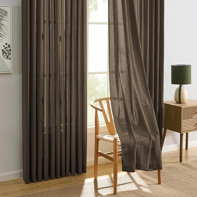 Brown Pleated Linen Curtains 120 Inches Long Farmhouse Semi Sheer Memory Trained Shape Pinch Pleat Drapes with Hooks Back Tab Ripple Fold Curtain for Bedroom Living Room 42x120