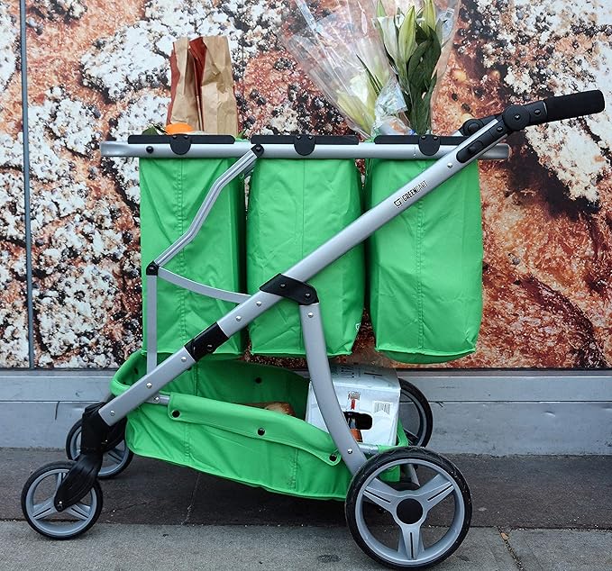 Reusable and Foldable 3 Shopping Bags Easy for Shopping and Carrying Groceries in Store (Silver Frame + 3 Green Baskets)