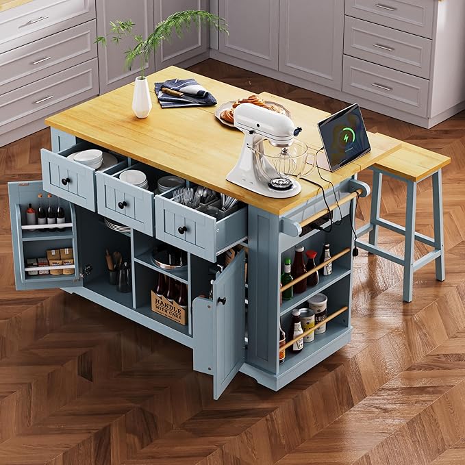 Yayzy Rolling Kitchen Island with 2 Bar Stools, Drop Leaf & Power Outlet, Large Kitchen Islands Cart on Wheels, Movable Kitchen Island with 5 Open Shelves & Towel Rack for Dining Room, 53″, Grey Blue