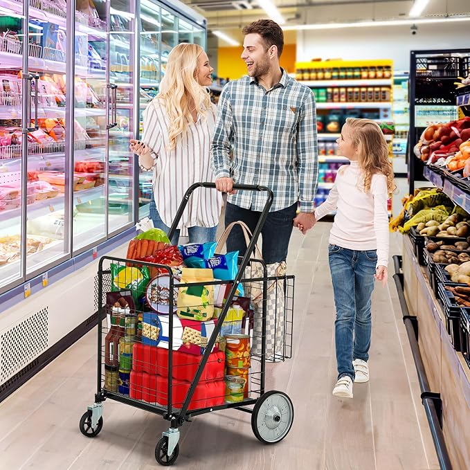 DWVO Super Jumbo Folding Shopping Cart Heavy Duty, Rolling Foldable Grocery Cart with Wheels, Portable Collapsible Utility Cart with Double Basket for Shopping Groceries Laundry Storage