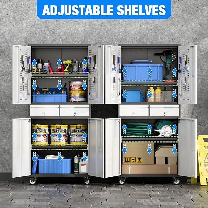 Metal Garage Storage Cabinet with 2 Drawers and 2 Adjustable Shelves, Locking Rolling Tool Storage Cabinet with Wheels and Pegboard for Garage, Home, Black and Silvery