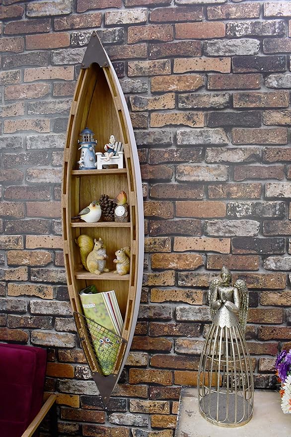 E-view Solid Wood Hanging Boat Shelf Decorative Nautical Wall Decor Beach Themed Bookcase Large Wooden 3-Tier Display Shelves for Home Kitchen Bedroom Living Room
