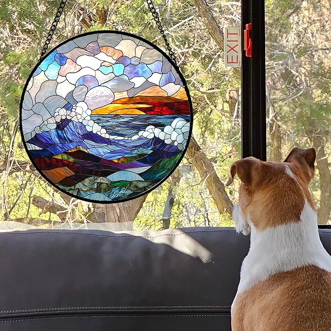 Stained Glass Window Hanging, Abstract Colorful Ocean Waves Landscape Suncatcher for Doors Window Home Sun Catchers Decor Mother's Day Birthday Gifts for Women, Men Mom 6.3 in