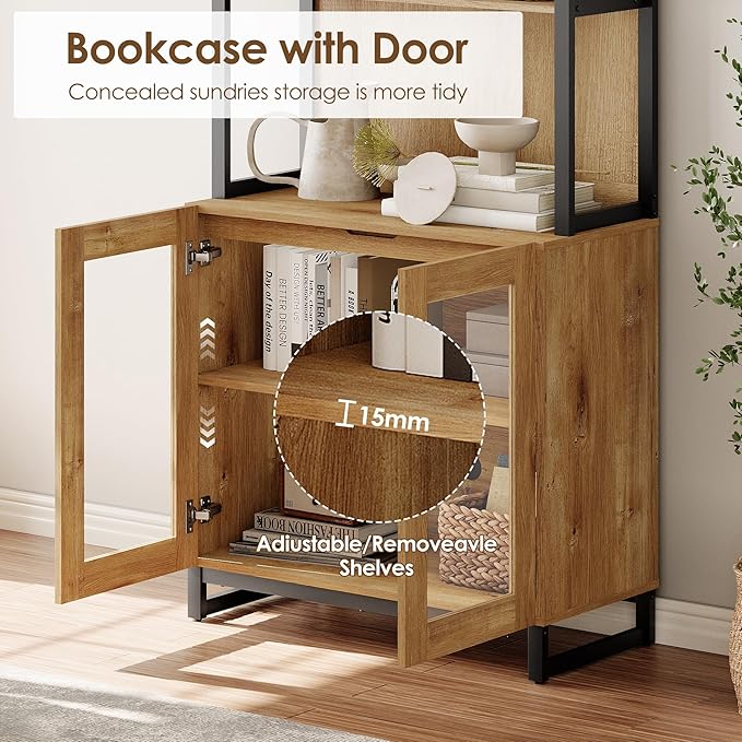 WAMPAT 3 PCS Modern 72" Tall Bookcases with Glass Doors and Adjustable Shelves, Library Book Shelf with Storage Cabinet and Open Book Shelfs, Wood Bookshelves for Home Office, Living Room, Oak