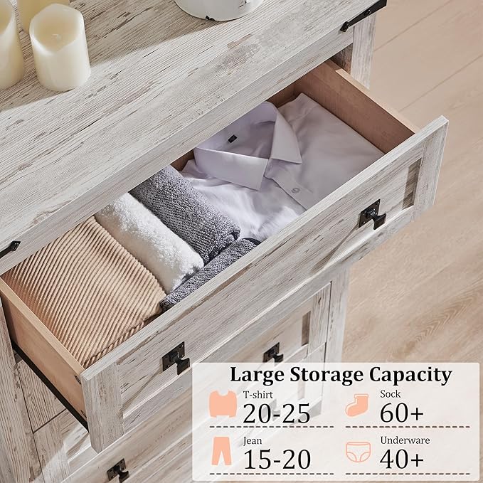 RedLemon Farmhouse 5 Drawer Dresser, 48" Tall Rustic Chest of Drawers, Wood Dresser for Bedroom, Living Room, Hallway, Antique Brush White