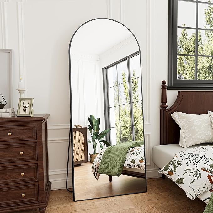 Full Length Mirror Arched Floor Length Mirrors, 71"x26" Large Full Body & with Stand & Arch Wall Mounted & Standing Mirror for Bedroom Living Room, Aluminum Frame, Black