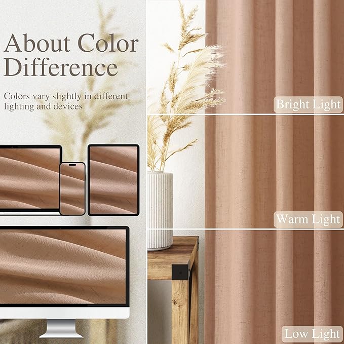 Peach Linen Curtains 90 Inch Long 2 Panels for Girl Bedroom Soft Linen Textured Window Drapes Semi Sheer Light Filtering Rod Pocket Back Tab Farmhouse Curtain Soft Vibrant Living Room 52x90