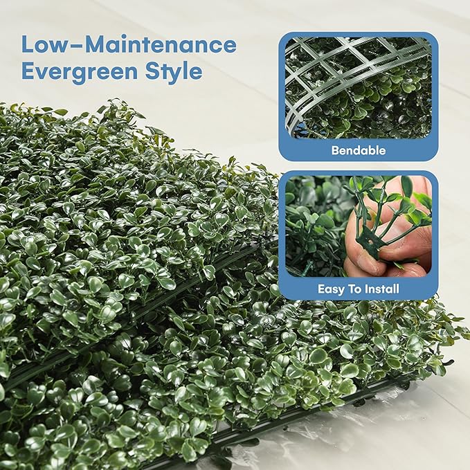 Grass Wall Panels 20″ × 20″ (24 Pack) – UV-Protected Artificial Boxwood Hedge Greenery Backdrop Covers 66 sq ft, Indoor/Outdoor Privacy Fence Screen, Zip Ties & Spare Leaves Included