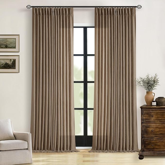Brown Linen Pinch Pleated Curtains 108 Inches Long 2 Panels for Living Room Bedroom Light Filtering Drapes 108 Inch Length Dutch Cocoa Semi Sheer Memory Shape Trained Ceiling Floor Curtain