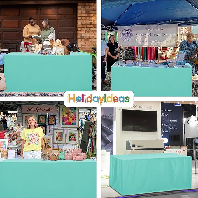 HolidayIdeas Fitted Tablecloths for 8 Foot Rectangle Table, Full Coverage Table Covers 30x96 Inch for Vendor Booth Display, Banquet, Trade Show, Aqua, 4 Pcs