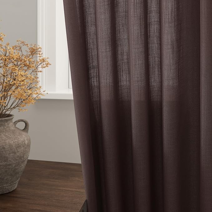 Nanspring Coffee Boho Curtains for Bedroom Back Tab Rod Pocket Semi Sheer Linen Curtains 90 Inches Long 2 Panel Set Light Filtering Neutral Farmhouse Lightweight Drapes for Living Room 52x90