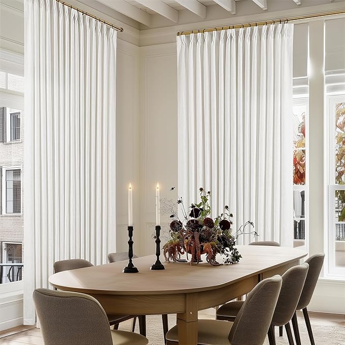 Off White Patio Sliding Door Curtains 100 Width 102 Inches Long Pinch Pleated Curtain Drape with Hooks Rings Light Filtering Semi Sheer Extra Wide 100x102 Drapes Panel for Living Dining Room