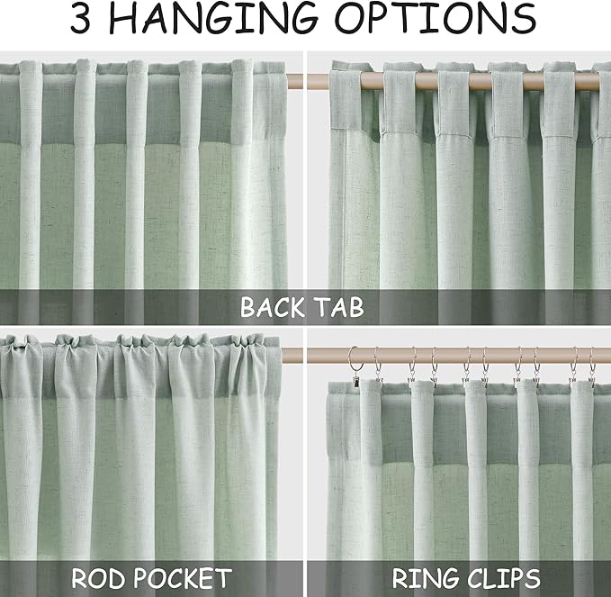 Aqua Green Linen Curtains 63 Inches Long 2 Panel Sets for Living Room Bedroom Rod Pocket Back Tab Light Filtering Drape for Kitchen Window Short Protect Privacy Curtain Modern Farmhouse Decor 52x63