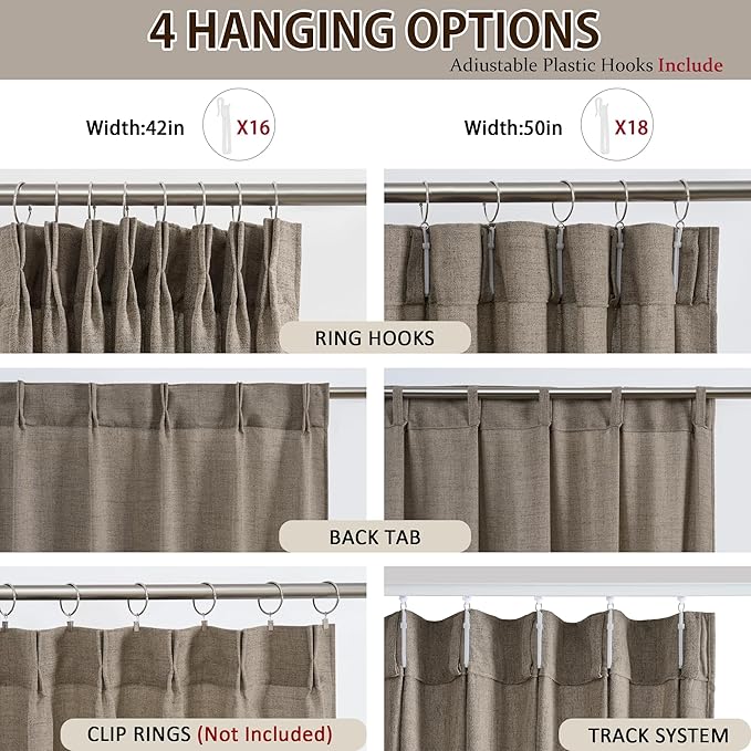 RAIN CITY Khaki Colored Sheer Pleated Curtains 105 Inch Length for Living Room 2 Panels Sets Back Tab Drapes with Hooks Extra Long Curtain for Bedroom W50 x L105