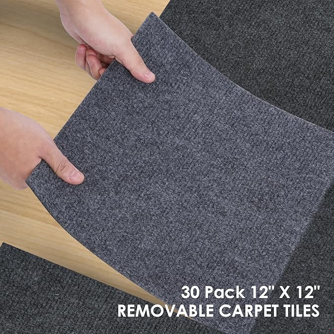 30 Pack Carpet Tile - 12” X 12” Self Adhesive Carpet Floor Tiles Anti-Slip Squares Peel and Stick Floor Tile DIY Installation for Bedroom (Dark Gray)