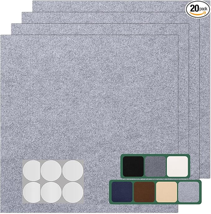 Carpet Tile 20 Pack 24” X 24” Self Adhesive Carpet Floor Tiles Anti-Slip Squares Peel and Stick Floor Tilel DIY Installation for Bedroom(Light Grey)