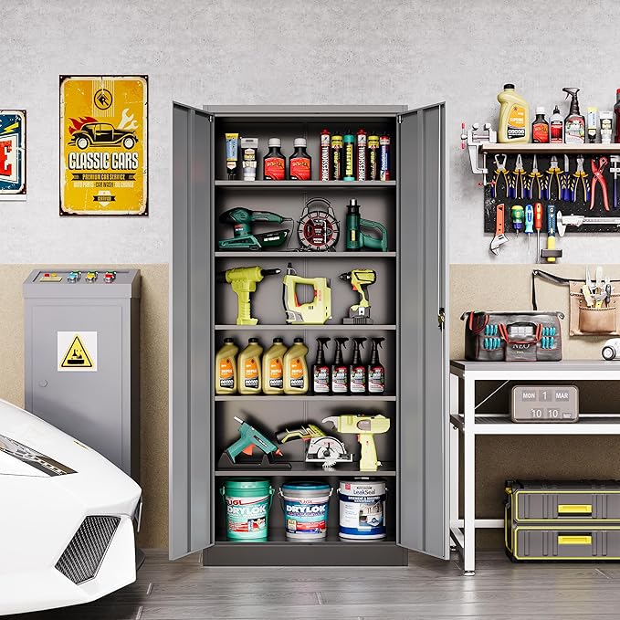 Metal Garage Storage Cabinet,71" H Tall Tool Cabinet with 2 Doors and 5 Adjustbale Shelves,Lockable Tool Cabinet for Garage,Basement,Home Office