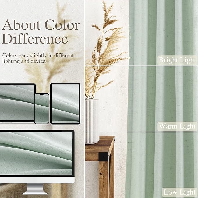 Nanspring Linen Curtains Semi Sheer Aqua Green 96 Inches Long 2 Panels Set for Living Room Back Tab Rod Pocket Light Filtering Drape for Bedroom Modern Farmhouse Coastal Decor Protect Privacy 52x96