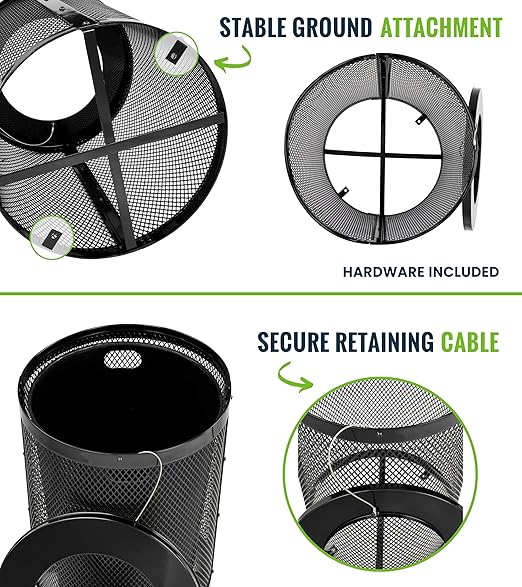 Alpine Outdoor Trash Can 36 Gallon Diamond Steel Commercial Metal Waste Bin with Leak Proof Liner, Heavy Duty Steel Mesh Design, Flat Wide Open Top Lid for Parks, Streets, and Public Spaces-Black