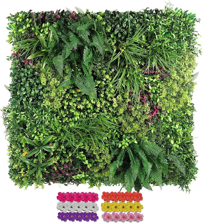 Artificial Grass Wall Panels for Indoor Outdoor, 40"x40" (11.09 Sq.Ft), 3D Boxwood Panels, Greenery Wall Backdrop for Home Living & Wedding Event Decor with DIY 60 PCS Flower,100 PCS Zip Ties