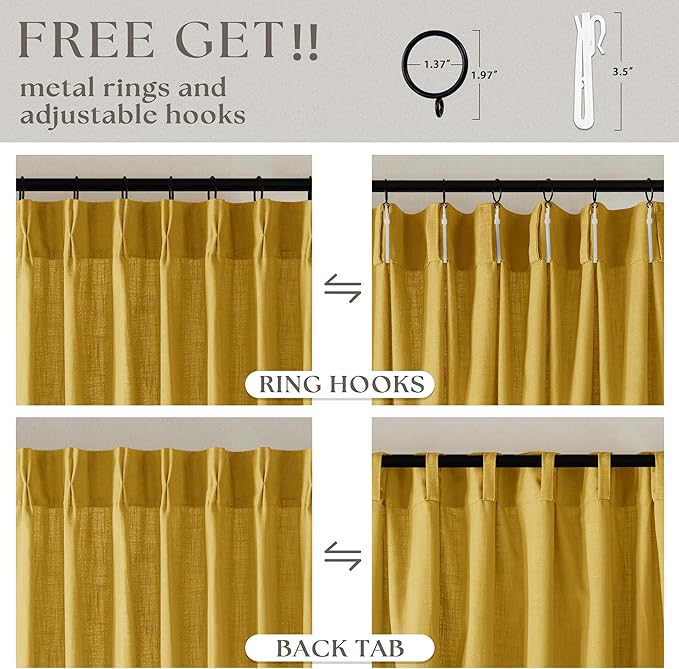 Mustard Yellow 90 Inch Linen Curtains Pinch Pleated for Living Room Bedroom Dining Boho Light Filtering Pinch Pleat Drapes Hooks Rings Back Tab Semi Sheer Gold Harvest Spring Window Curtains 2 Panels