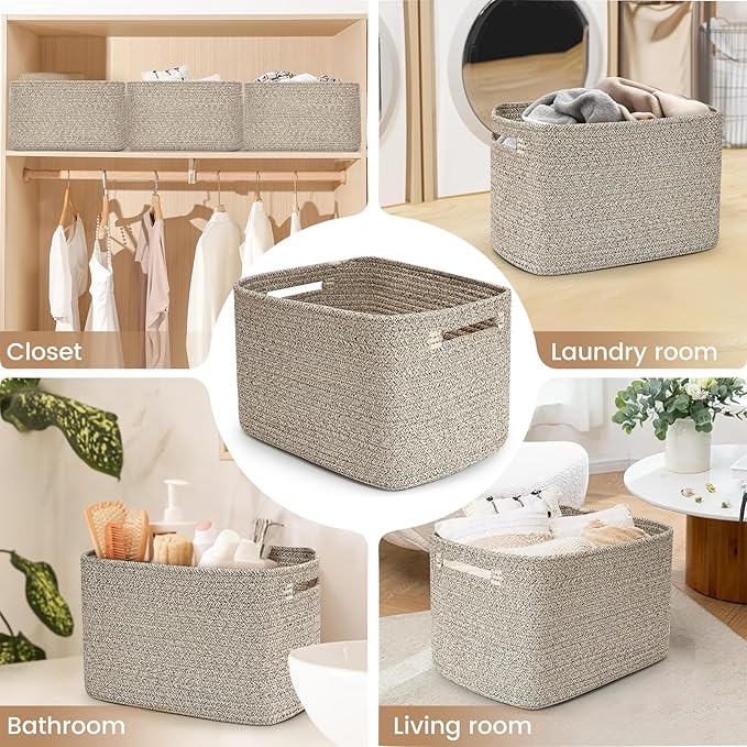 3 Pack Shelf Woven Storage Basket, 15 x 10 x 9” Closet Rope Baskets For Organizing, Square Bins with Handles, Brown