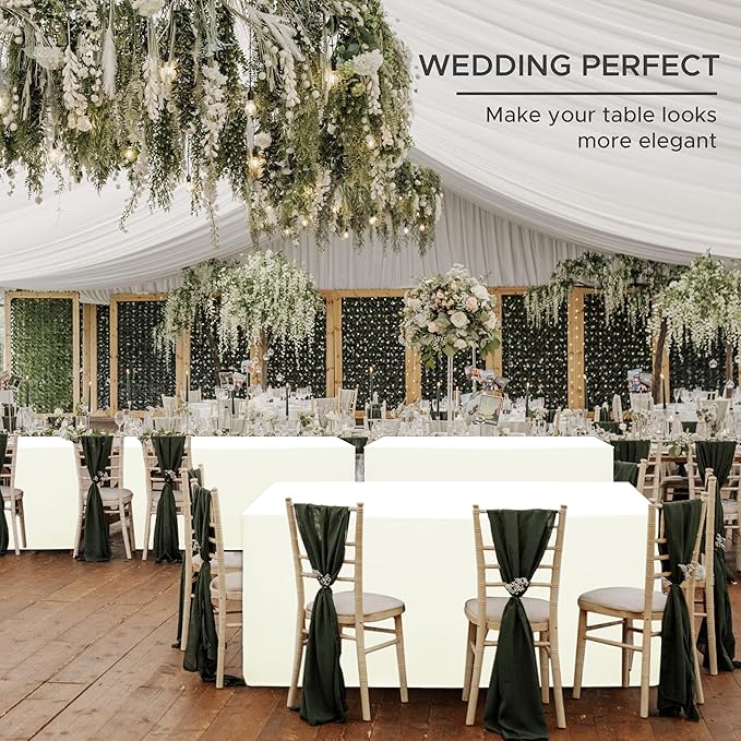 HolidayIdeas Fitted Tablecloths for 8 Foot Rectangle Table, Wrinkle Resistant Washable Table Cover 30x96 Inch for Vendor Booth Display, Banquet, Trade Show, Beige, 4 Pcs