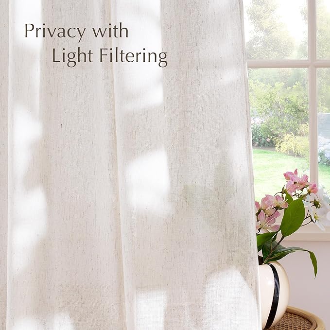 NICETOWN Natural Linen Cream Curtains for Bedroom, Pleat Tab Privacy Added Curtains & Drapes with Light Filtering Window Treatments for Living Room/Farmhouse, W52 x L95, 2 Panels