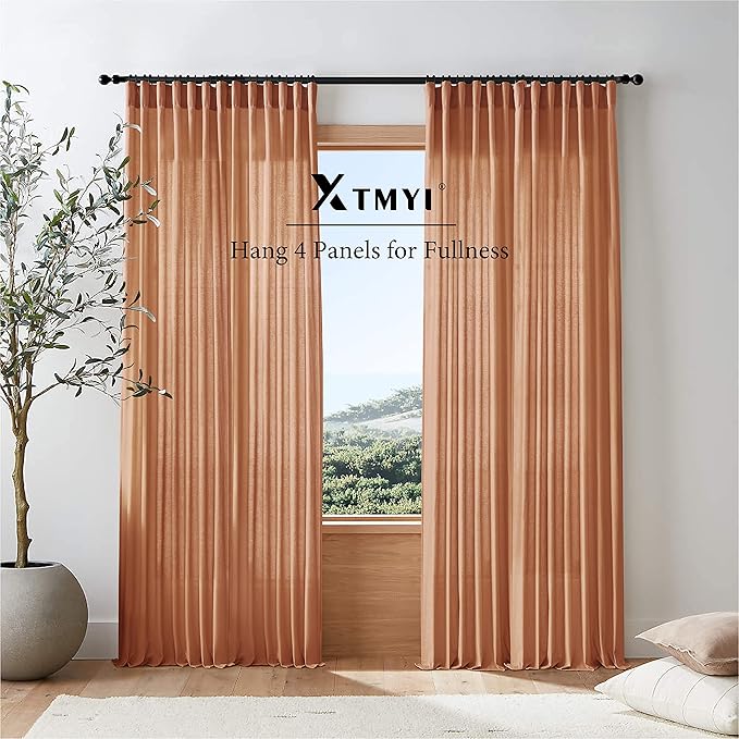 XTMYI 84 Inches Long Terracotta Country Curtains for Living Room,Sheer Linen Curtains for Bedroom 70 Inches Wide
