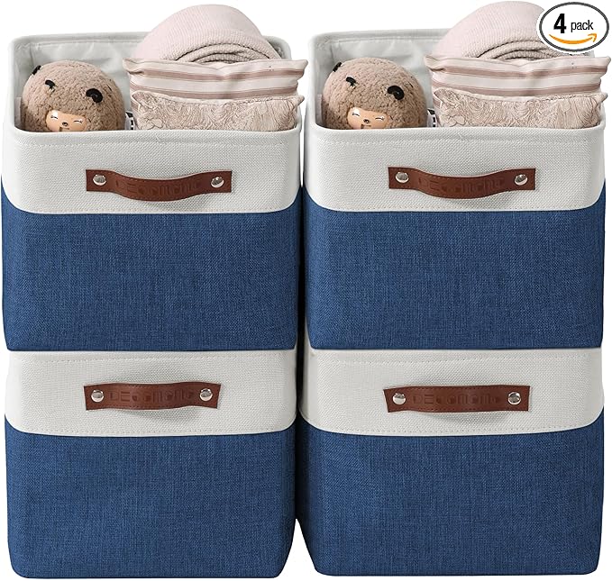 DECOMOMO Storage Baskets for Shelves - Fabric Storage Bins, Linen Closet Organizers and Storage (Navy Blue & White, Large - 4 Pack)