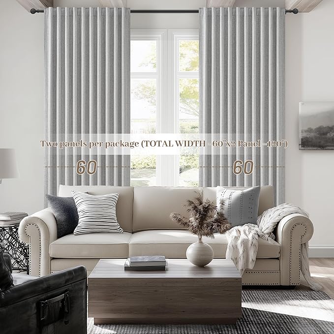 Extra Wide 60 Inch Blackout Curtains 96 Inches Long for Living Room, Rustic Boho Room Darkening Textured Linen Pleated Office Insulated Ceiling Track Large Window Drapes (60"W x 96"L 2 Panels Grey)