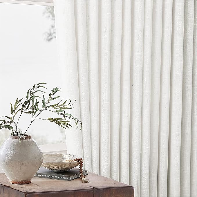 Beige White 70 Inch Wide Curtains 90 Inches Long for Living Room Light Filtering Semi Sheer Modern Farmhouse Pleated Curtain with Hooks Rings for Patio Sliding Door Dining Room Large Window 1 Panel