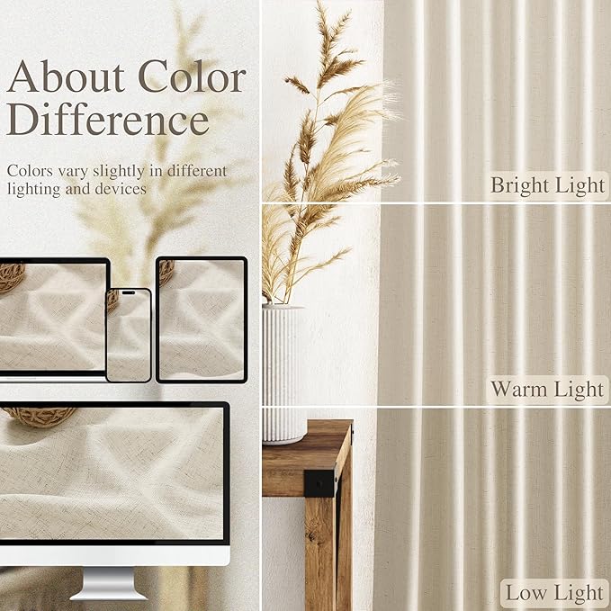 Nanspring Vanilla 63 Inch Curtains for Living Room Linen Luxury Light Filtering Semi Sheer Curtain Back Tab Modern Farmhouse Decor Elegant Coastal Drapes for Bedroom Office 52x63, 2 Panels