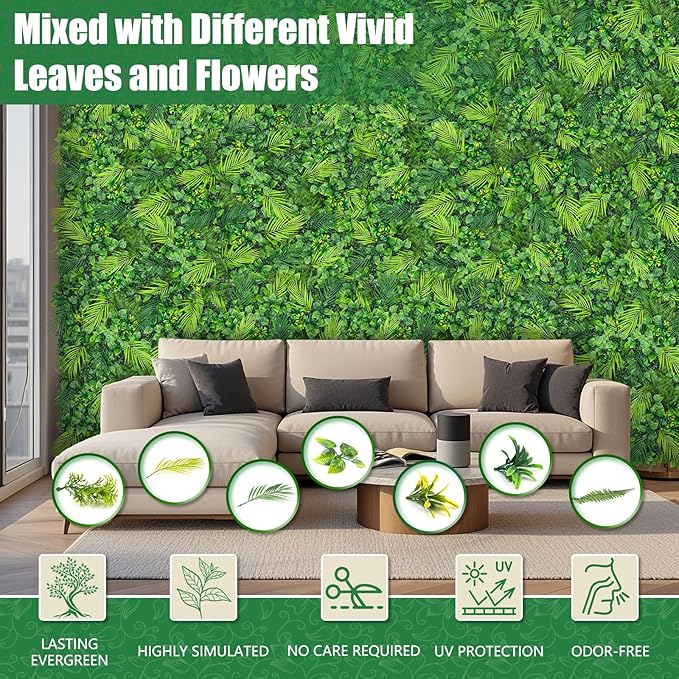 Artificial Plant Wall Panels, 20"x20" 8PCS Faux Grass Backdrop with UV Resistant Fern Leaves, Green Wall Decor for Outdoor Indoor Patio Garden Backyard