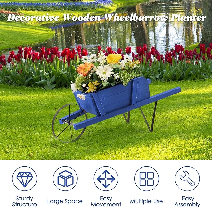 Wooden Wagon Planter, Flower Cart Display Stand w/Metal Wheels & Removable Magnetic Decoration, Wagon Decorative Garden Planter for Plants & Seasonal Displays, Pine Wood (Blue)