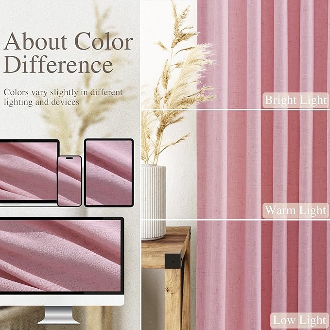 Nanspring Rose Boho Style Linen Curtains 90 Inch Long 2 Panels Set Back Tab Rod Pocket Semi Sheer Light Filtering Neutral Farmhouse Lightweight for Bedroom and Living Room 52x90