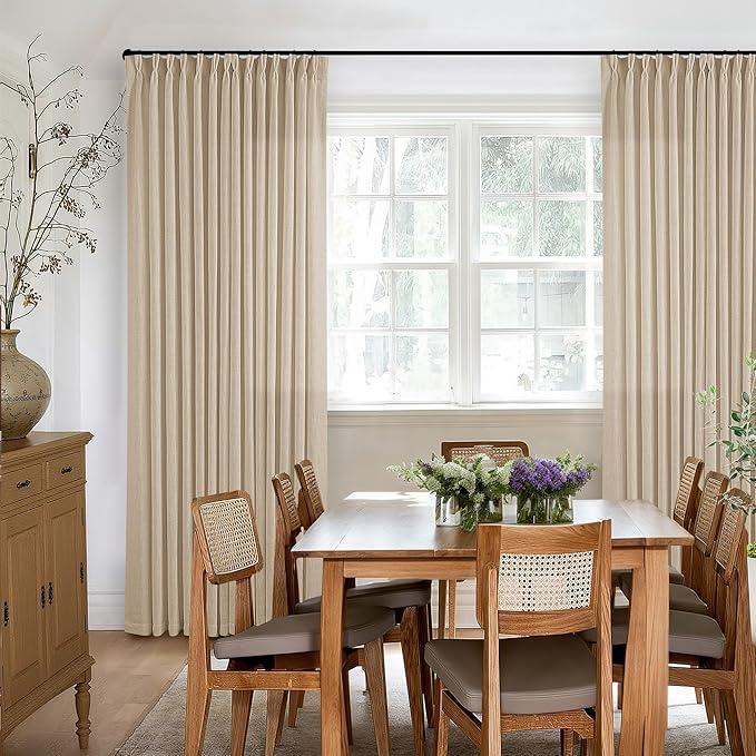 Warm Beige Linen Curtains 102 Inches Long 2 Panels for Living Room Thick Linen Flax Cloth Pinch Pleated Memory Trained Back Tab Light Filtering Semi Sheer Curtain with Hook Rings Sand Cream Neutral