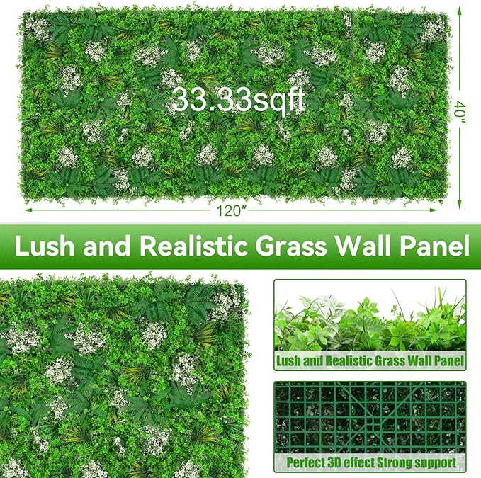 40"x120"(33.33 SQFT) Grass Wall Panels, Artificial Greenery Backdrop Wall with UV Resistant Leaves, Faux Green Wall Decor for Outdoor Indoor Patio Garden Backyard
