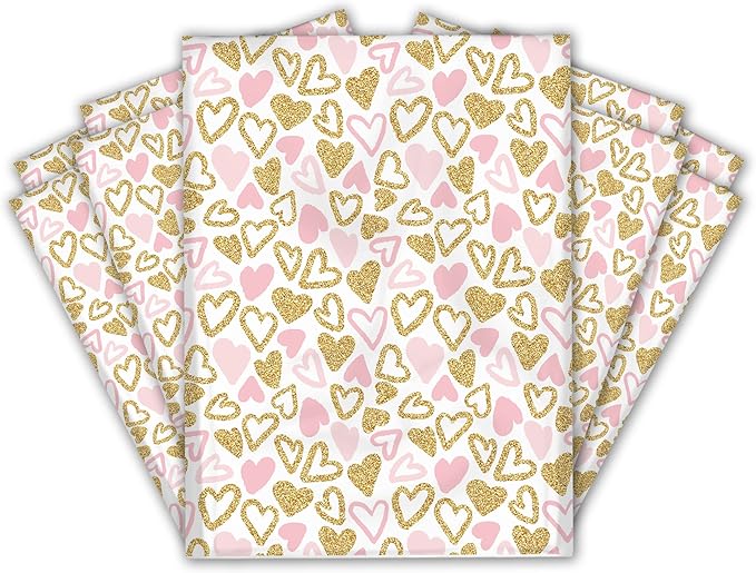 12x15 (50) Pink and Gold Hearts Valentine's Day Designer Poly Mailers Waterproof Self Sealing Tear Resistant Polymailers Large Shipping Envelopes Premium Printed Bags For Small Businesses