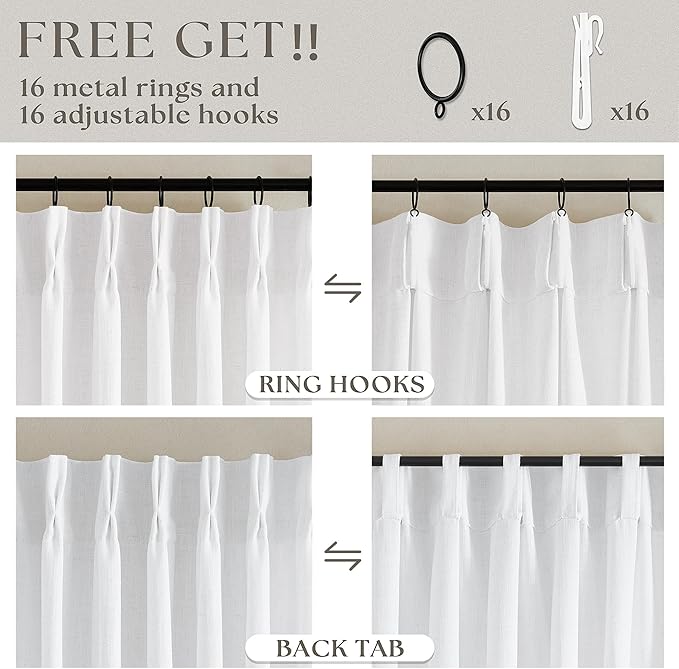 Pinch Pleated White 36 Inch Length Kitchen Curtains 2 Panels Set Linen Blend Semi Sheer Privacy Pinch Pleat Back Tab Light Filtering Curtains for Bathroom Window Small Window Drapes for Laundry