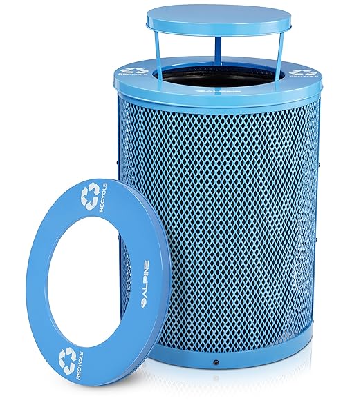 Alpine Outdoor Trash Can 36 Gallon Diamond Steel Commercial Metal Waste Bin with Leak Proof Liner, Heavy Duty Steel Mesh Design, Rain Bonnet Lid & Flat Lid for Parks, Streets, and Public Spaces-Blue