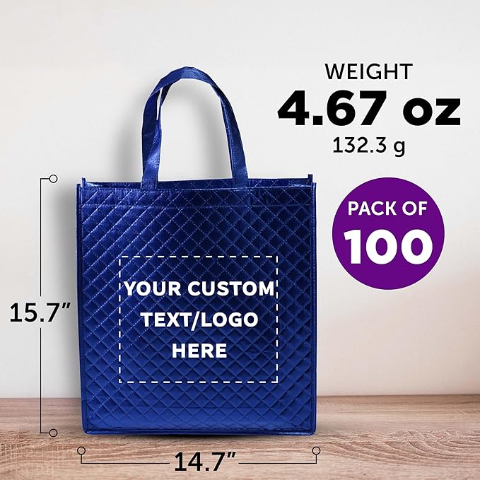 DISCOUNT PROMOS Custom Luxurious Laminated Tote Bags Set of 100, Personalized Bulk Pack - Reusable, Great for Shopping, Beach, Wedding Favors - Royal Blue