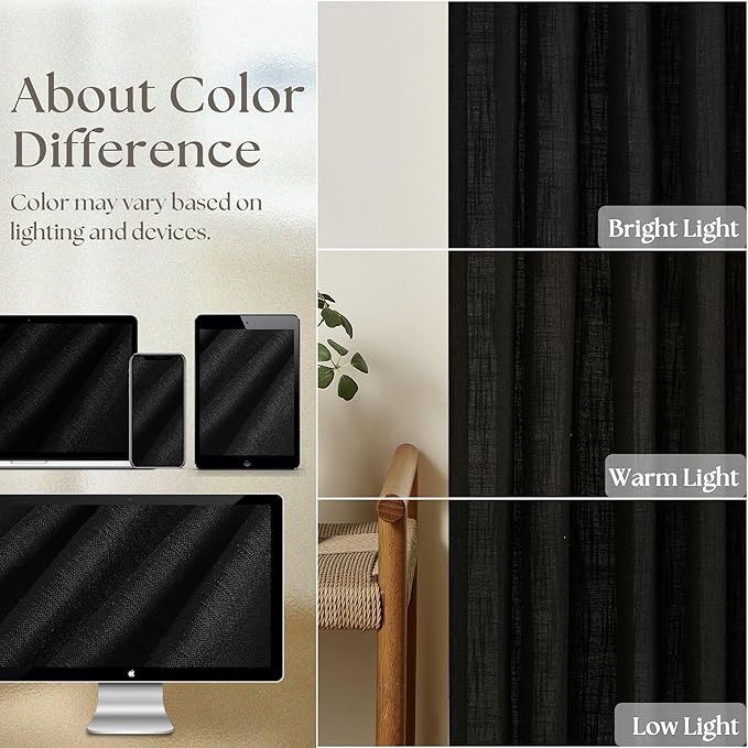 Black Pinch Pleated Linen Curtains 80 Inches Long for Living Room Bedroom Light Filtering Boho Window Drape 80 Inch 2 Panels with Hooks Rings Back Tab Sliding Glass Door Semi Sheer Curtain