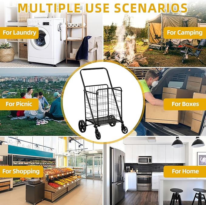 DWVO Utility Foldable Shopping Cart with Wheels, Large Portable Collapsible Rolling Grocery Cart with Reinforced Mesh Bottom for Laundry, Grocery, Luggage, Storage and Seniors, 220 lbs Capacity, Black
