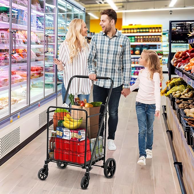 DWVO Utility Foldable Shopping Cart with Wheels, Large Portable Collapsible Rolling Grocery Cart with Reinforced Mesh Bottom for Laundry, Grocery, Luggage, Storage and Seniors, 220 lbs Capacity, Black