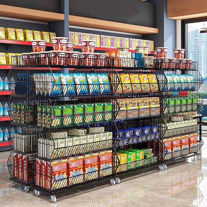 5-Tier Slanted Rolling Retail Display Rack with Locking Wheels | Heavy-Duty Metal Snack & Chip Display Stand for Grocery Stores, Supermarkets, Bakery | Space-Saving Store Organization Shelf