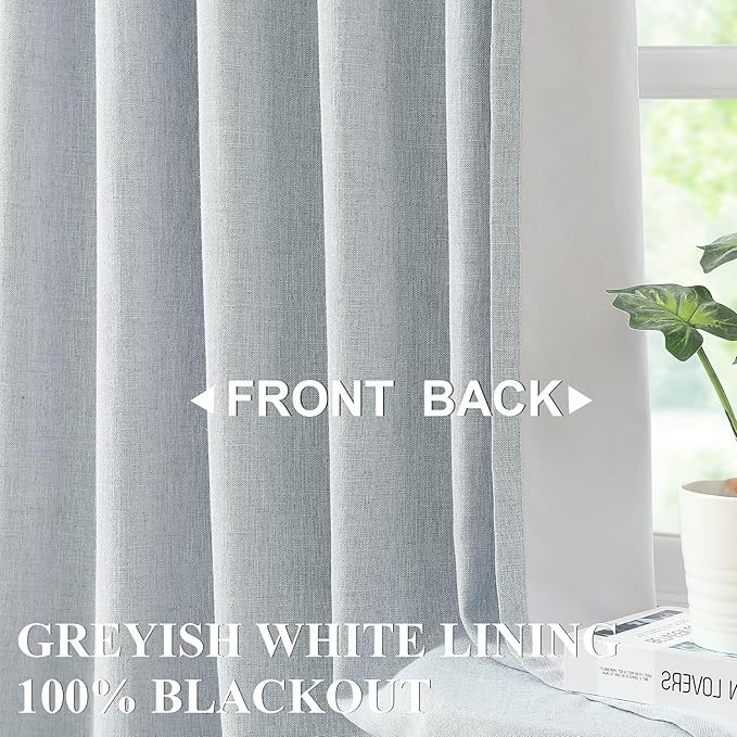 Vision Home Blue Fog Pinch Pleated Full Blackout Curtains Linen Blended Room Darkening Window Curtains 120 inch for Living Room Bedroom Thermal Insulated Pinch Pleat Drapes with Hooks 60" Wx120 Lx1