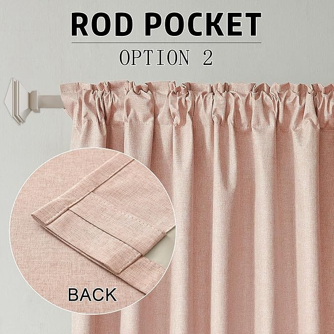 DUALIFE Full Blackout Baby Pink Curtains 63 Inch Long Linen Textured Curtains Thermal Insulated Heat Blocking Noise Reducing Vintage Drapes for Nursery Bedroom Rod Pocket&Back Tab 2 Panels 50W x 63L