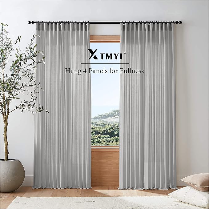 XTMYI Grey Curtains 108 Inches Long for Living Room 2 Panels Linen Back Tab Hooks Pleated Light Filtering Gray Sheer Curtains for Bedroom 108 Inch Length